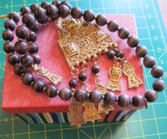 KENNETH LANE Necklace~Vintage GT BIG MAYAN pendant + Wooden Beads~Signed~FREE H