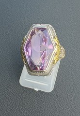 Antique Art Deco Large Hexagon Amethyst Cocktail Ring 14k White Gold Yellow