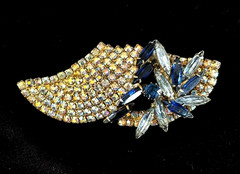VTG 1950s Gold Tn Multi-Blue NAVETTE & AB Rhinestone SWAG SWOOP Pin Brooch 3.25″