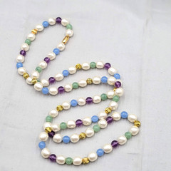 Vintage White Purple Green Bead Necklace Estate Costume Jewelry 36 in