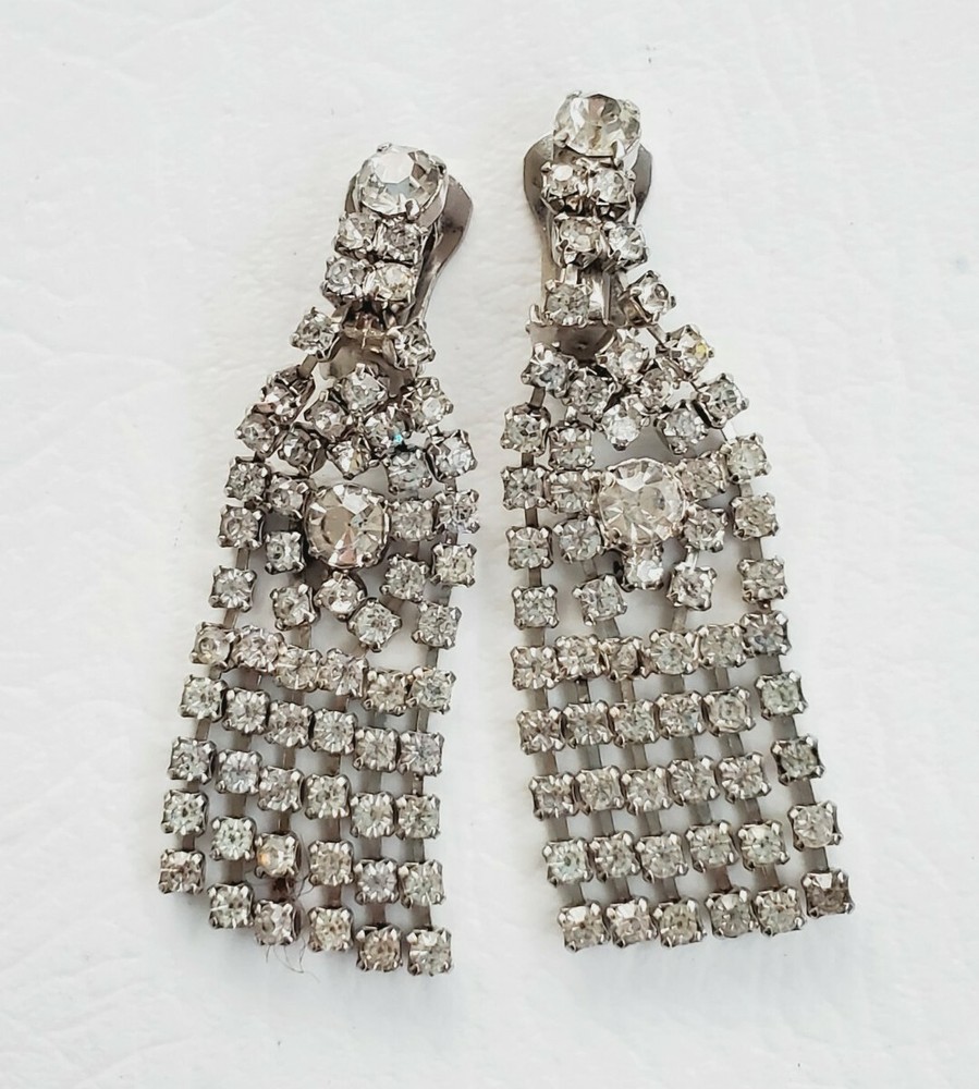 Vintage Art Deco Crystals Rhinestones Cascade Drop Clip Earrings