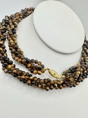 VTG 29In 4 Strand Tigers Eye Bead Necklace Caviar Gold Tone Fish Hook Clasp Read
