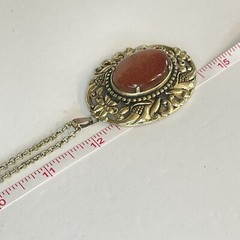 Vtg Lace Gold Stone Pendant Necklace Art Nouveau Textured Oval Chain Large Cameo