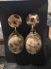 Vintage Silvertone Brown Beige Stone Jasper? 1.25” Dangle Post Earrings
