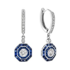 Art Deco Style Lab Created Diamond & Sapphire Wedding 14K White Gold FN Earrings