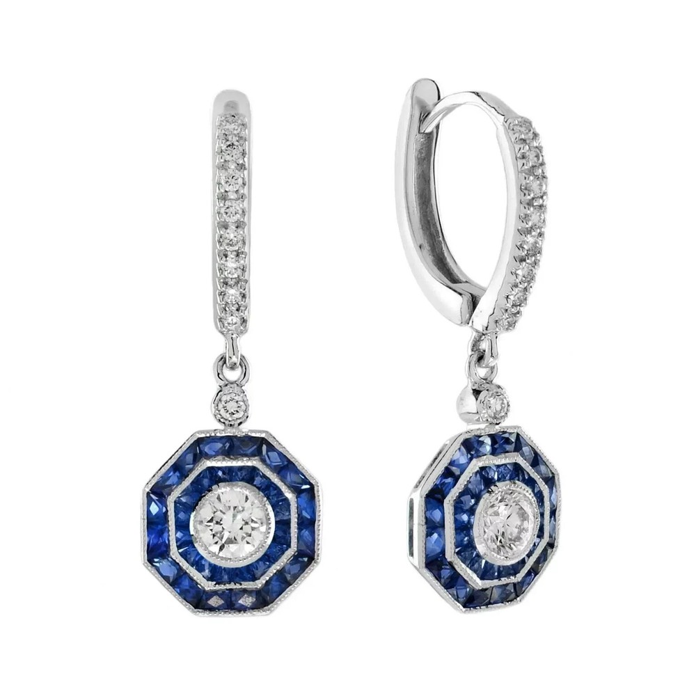 Art Deco Style Lab Created Diamond & Sapphire Wedding 14K White Gold FN Earrings