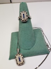 Art Deco Style Sterling 925 Blue Sapphire Lab Diamond Pendant Ring Set Size 7.75