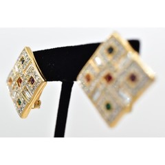 Swarovski Vintage Crystal Clip On Earrings Gold Chunky Multi-Color Signed BinBF