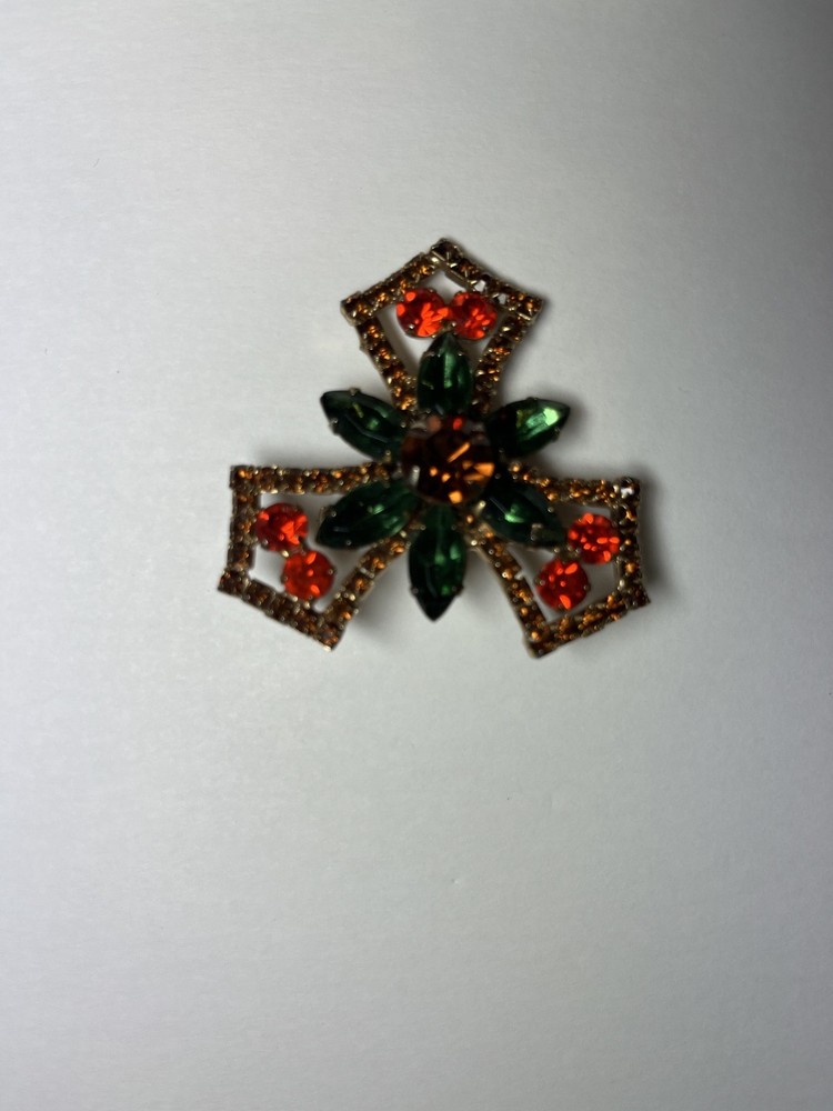 Vintage Antique Christmas Holly Rhinestone Brooch Red Green Gold Holiday Pin