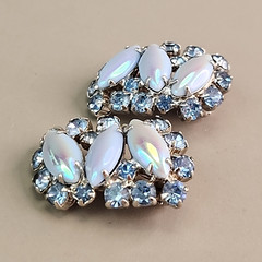 Vintage Rhinestone Clip On Earrings Blue AB Marquise Silver Tone 1.25″
