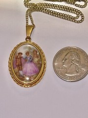 Vintage Mid Century Mod Limoges Courting Couple Lovers Filigree Setting Pendant