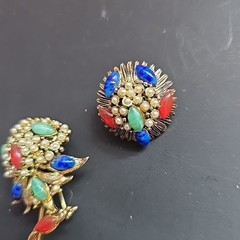 Vintage Hollycraft Brooch Earrings Set Fruit Salad Glass Pearl Gold Tone