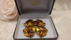 Vintage Amber Brown Topaz & Rhinestone Domed Flower Brooch Eisenberg ?