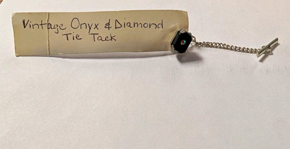 Vintage Men’s Hexagon Black Onyx Tie Tack w/ Chain & 1 Diamond, Silver