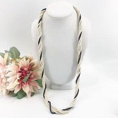 Vintage Multi Strand Faux Pearl Beaded white & Black Long Necklace 32” Estate
