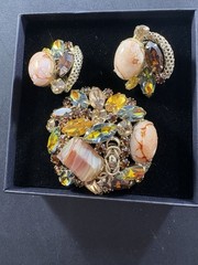 Vintage Juliana By Delizza Elster Jewelry Set W/Easter Egg Stone Clip On Earring