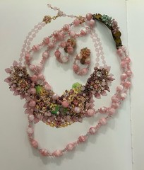 Unsigned Miriam Haskell Pink Art Glass Beaded Necklace Earrings Set 18” READ