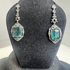Beautiful Art Deco Inspired Silver Tone Faux Aqua Stones Drop Dangle Earrings