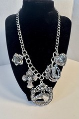 Chunky Horse Cross Rose Boot Charm Necklace Silver Tone Adjustable Length