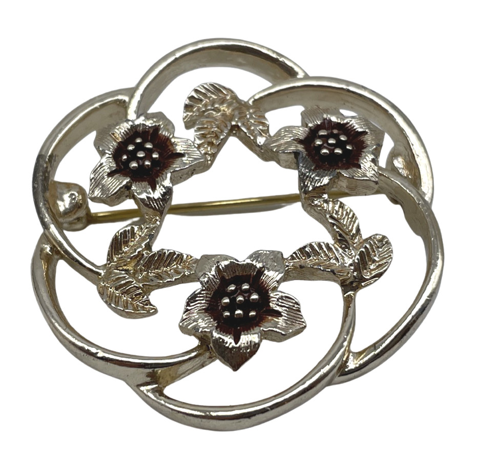 J7I Vintage Sarah Coventry Silver Tone Red Floral Reef Brooch AS IS