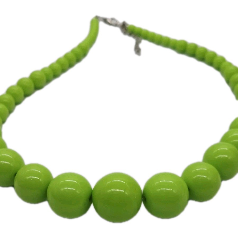 Neon Green Beaded Necklace Graduated round Ball 18 in Vintage Retro 21 in