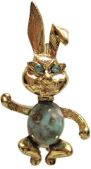 VINTAGE GOLDTONE JELLY BELLY BUNNY RABBIT PIN BROOCH,MCM 1950s -1960s,RHINESTONE