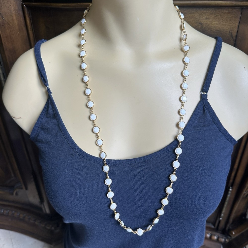 VTG Les Bernard Necklace 30 Inch White Glass Beads Faceted Gold Plated Barrel