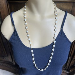 VTG Les Bernard Necklace 30 Inch White Glass Beads Faceted Gold Plated Barrel