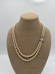 Vintage Hand Knotted Faux Pearl Double Strand Rhinestone Floral Clasp Necklace