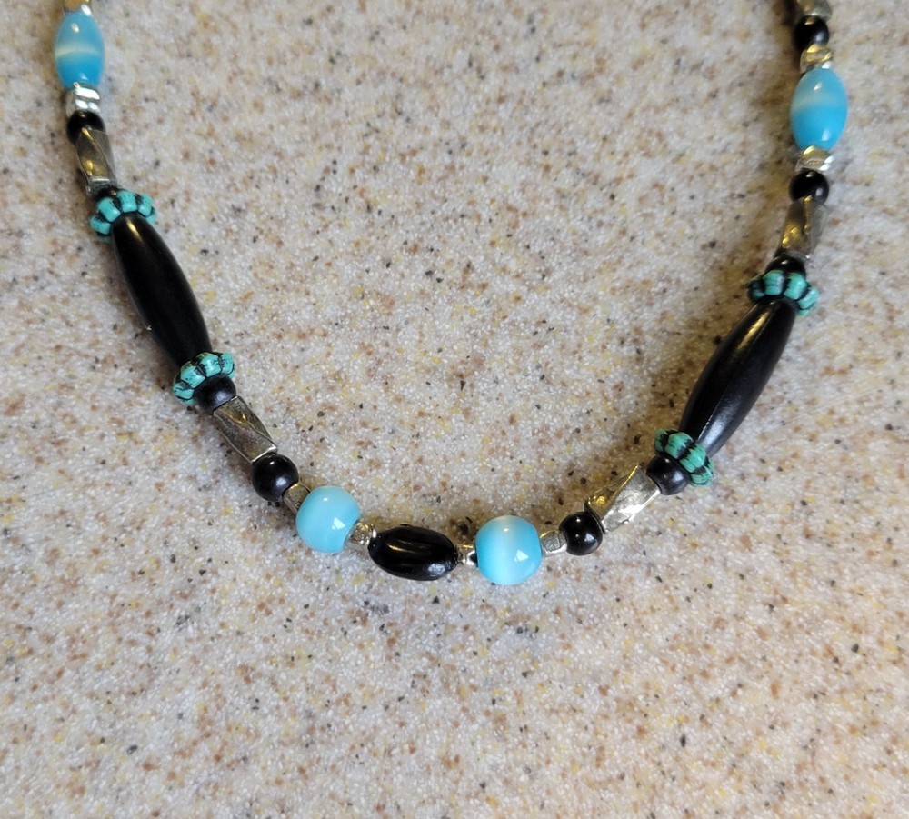 Southwestern Beaded 24in Necklace Nickel Silver Black Beads Blue Cats Eye Glass