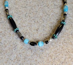 Southwestern Beaded 24in Necklace Nickel Silver Black Beads Blue Cats Eye Glass