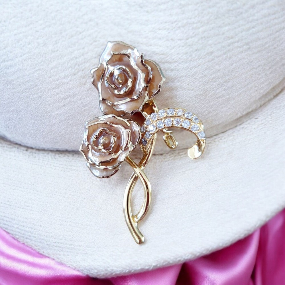 Vintage Gold Tone Tan Enamel Brooch Pin Double Rose Gold Plated