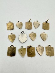 Antique Old VTG 14 Personalized Charms Brass? Mixed Metal Enamel Pendants Read