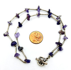 Vintage Purple Amethyst Chip Silver Tone Tube Bead Necklace 17 in