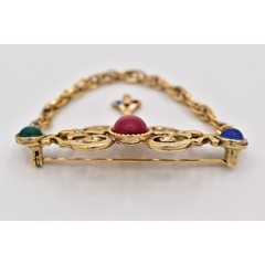 AJC Vintage Victorian Cabochon Pin Brooch Antiqued Gold Chain Signed 1980s BinBP