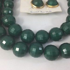 Vintage Double Layered Plastic Round Faceted Green Beaded Necklace Earrings