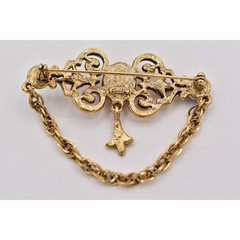 AJC Vintage Victorian Cabochon Pin Brooch Antiqued Gold Chain Signed 1980s BinBP