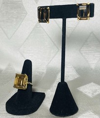 Vintage Bold Marvella Smoky Topaz Glass Ring & Screw Back Earrings Set Gold Tone