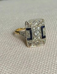 Vintage Art Deco Round Cut Lab Created Diamond &Sapphire Wedding 925 Silver Ring