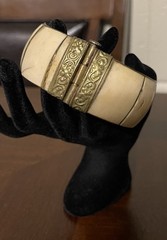 Vintage Brass & Bone Hinged Bracelet Cuff Cream Ivory Color 9.5”
