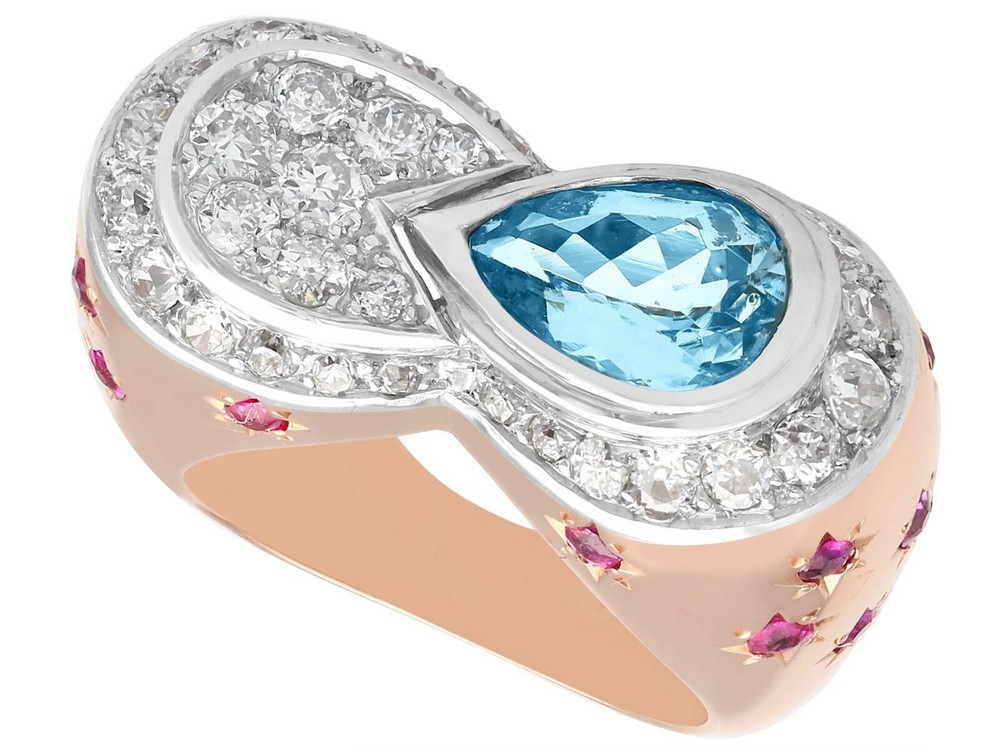 1.36 Ct Aquamarine 0.78 Ct Diamond and 0.50 Ct Ruby 18k Rose Gold Dress Ring