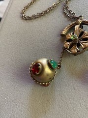 RARE Antique Brass CZECH Unique Necklace Tassel Stone Chatelaine Pulley Fob