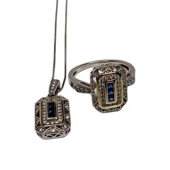Art Deco Style Sterling 925 Blue Sapphire Lab Diamond Pendant Ring Set Size 7.75