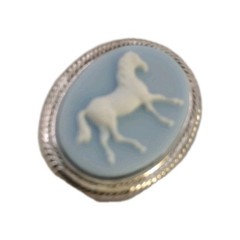 Vintage Blue Cameo Horse Brooch Silver Tone Equestrian Jewelry 1 1/4 in By 1 in