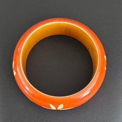 Vintage Carved Wood Bangle Bracelet Orange Hand Painted Floral Boho Ethnic