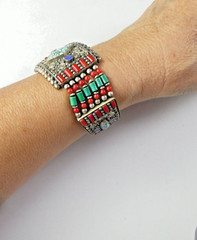 Southwestern Metal & Beaded Bracelet Coral Turquoise Lapis Silver Plated Heavy