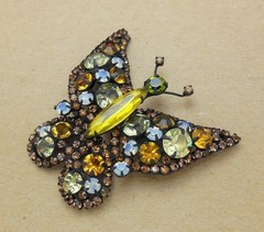 Beautiful Vintage Juliana Style Japanned Opalite Amber Topaz RS Butterfly Brooch
