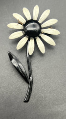 Vintage Black and White Enameled Metal Flower Pin