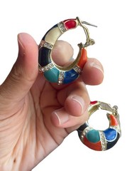 Chunky Multi Color Enamel Hoop Earrings Rhinestone Crystal Gold Tone