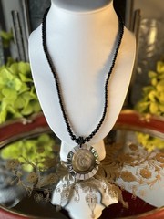 Vintage Black Glass Bead Necklace MOP & Abalone Pendant Barrel Clasp 22”